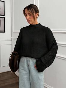 EURMUSE Women Solid Color Mock Neck Cable Knit Detailed Sleeve Drop Shoulder Pullover - Black - View 7