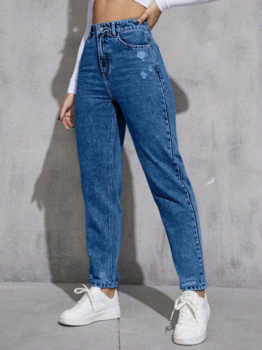 SHEIN Cottnline جينز كاجوال مشوه بغسيل فاتح ضيق القصة للنساء - الأزرق - مشاهدة 1