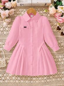 Abito camicia casual con maniche a sbuffo e orlo plissettato per ragazze giovani - Rosa - Visualizzare 4