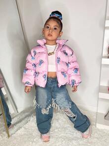 Kleine Mädchen Rosa Blumen Jacquard Bomberjacke, süß, locker, vielseitig, modisch, Herbst Winter Kleidung - Pink - Übersicht 6