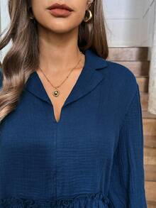 LanaWest Women's Boho Style Navy Blue Collar Long Sleeve Ruffle Hem Loose Casual Vacation Solid Color Shirt - Navy Blue - View 3