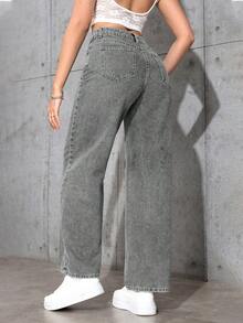 SHEIN PETITE 女式高腰口袋阔腿宽松休闲牛仔裤 - 灰色 - 查看 2