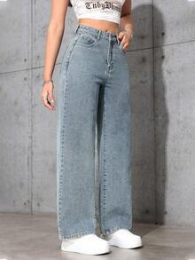 SHEIN PETITE 女式高腰口袋阔腿宽松休闲牛仔裤 - 淺色水洗藍 - 查看 4