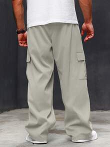 Manfinity Homme Quần Cargo nam màu trơn cỡ lớn có dây rút có túi, phong cách thường ngày, mùa thu - Màu be - Xem 2