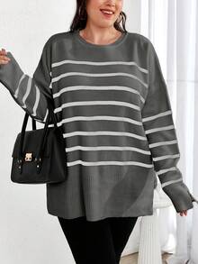 EURMUSE Plus Size Striped Pattern Drop Shoulder Sweater - Grey - View 7