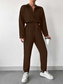 EURMUSE Ensemble 2 pièces Top et pantalon couleur unie décontracté pour femmes, automne - Tabac - Voir 3