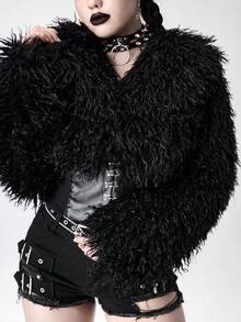 ROMWE Goth Damen Kunstfell Patchwork PU Leder Kurze Jacke, Herbst/Winter - Schwarz - Übersicht 2