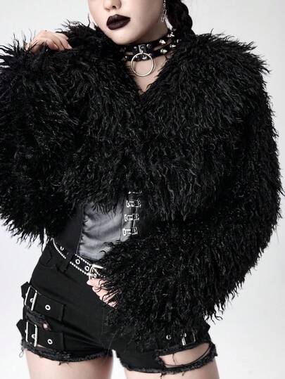 Goth Women's Faux Fur Patchwork PU Leather Short Jacket, Autumn/Winter