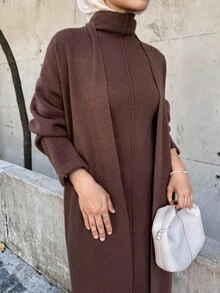 DAZY Set de 2 piezas: Vestido largo de cuello alto de unicolor y Cárdigan de punto, estilo casual de otoño para mujer - Café integral - Ver 4