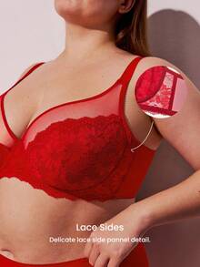 LUVLETTE 圣诞节和新年女士内衣休闲曲线透明全包覆支撑透气钢圈性感无衬垫显瘦蕾丝优雅网纱红色文胸新娘内衣