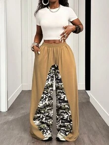 SHEIN BamGlam Women's Camouflage & Star Print Contrast Color Elastic Waist Loose Casual Sweatpants - Khaki - View 1