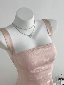 Elamini Váy ren jacquard màu trơn thanh lịch hở lưng cho nữ - Hồng - Xem 7