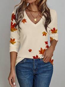 SHEIN LUNE Women's V-Neck Maple Leaf Print Casual Long Sleeve T-Shirt,Beige Autumn Cottage Core Occasion Fall,Spring Tops,Cream Shirts For Women Fall Winter 2026 - Multicolor - View 4