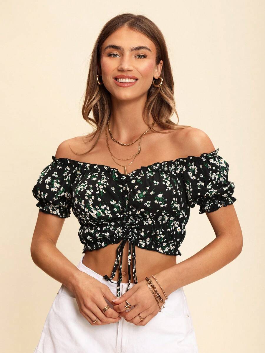 Coeurva Spring Ditsy Floral Print Off Shoulder Drawstring Front Frill ...