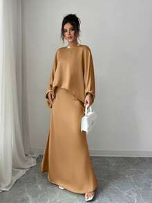Selianne 女士纯色亮片蝙蝠袖上衣和半裙优雅两件套 - 卡其色 - 查看 6