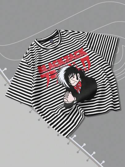 Black Jack X ROMWE Men's Striped Pattern Short Sleeve T-Shirt, Suitable For Everyday Wear, Spring/Summer