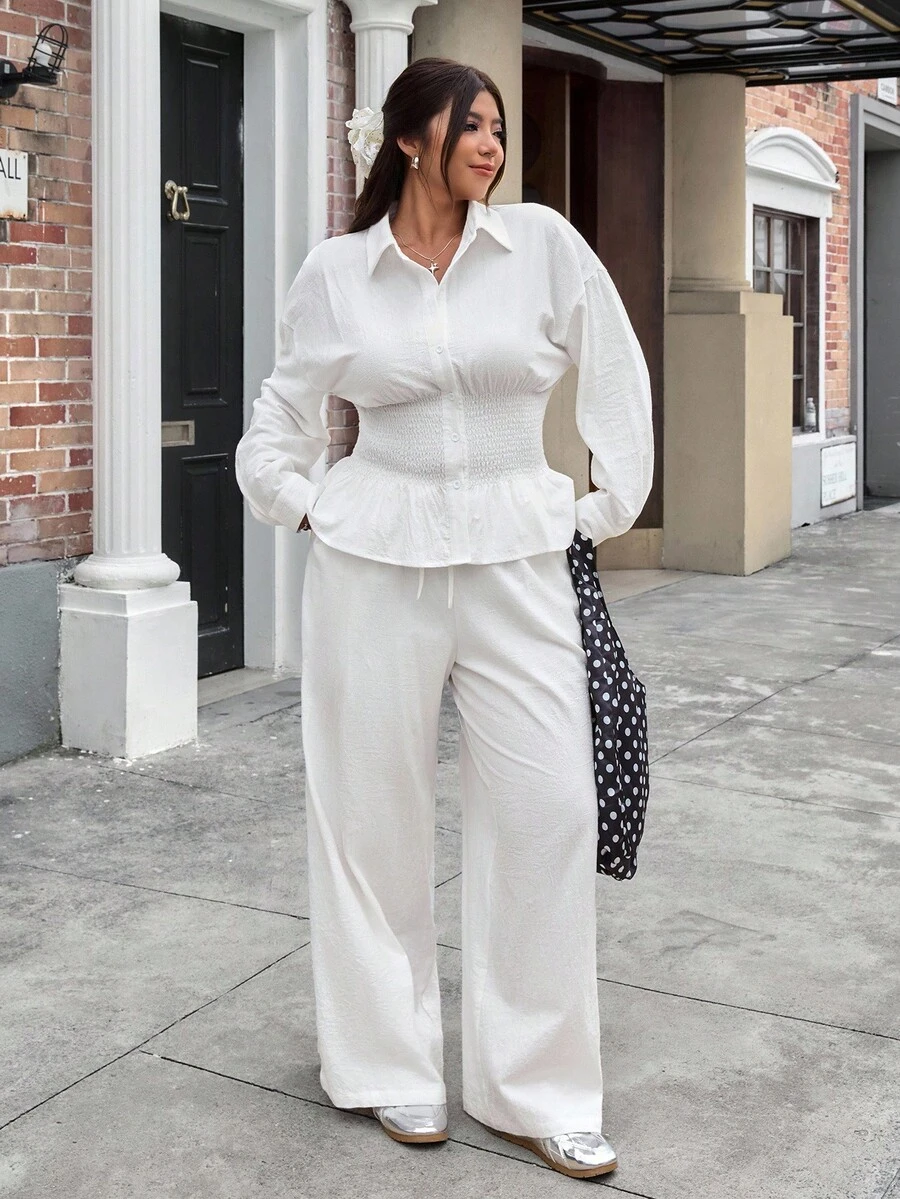 SHEIN EZwear Plus Size Casual Solid Color Cinched Waist Shirt And Pants 2 Pieces Set, Autumn - White - View 1
