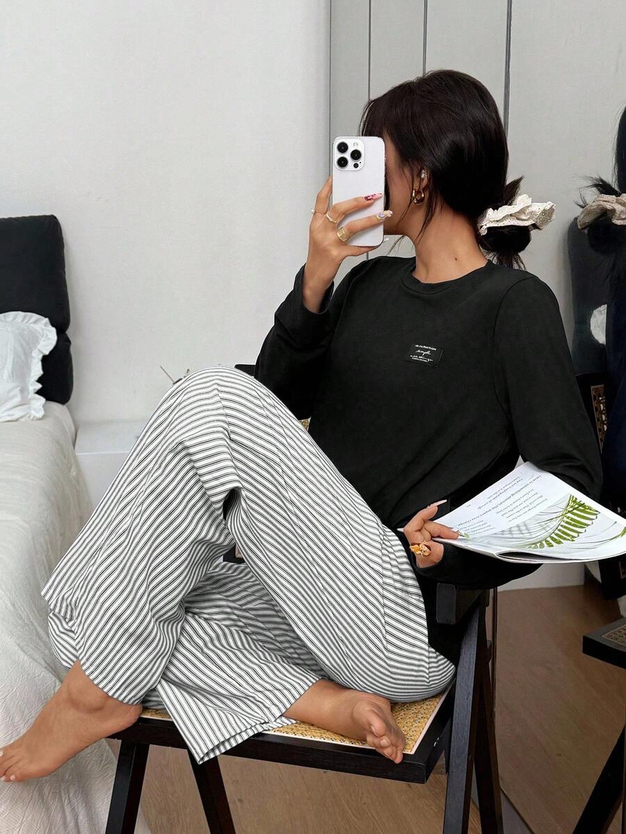 SHEIN 2pcs Solid Color Casual Letter Patched Long Sleeve T-Shirt Top And Striped Jacquard Pajama Pants Set Sleep Wear Women Loose Fall Winter Clothes - Black - View 1