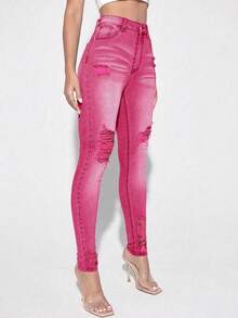 SHEIN Essnce Quần jeans denim skinny lưng cao tối giản, phù hợp mặc hàng ngày - Hồng - Xem 5