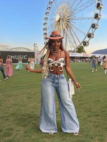 Slaydiva Jeans anchos de talla grande para mujer con forro térmico y diseño de patchwork casual y holgado - Azul - Ver 5