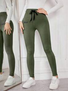 Modelyn 纯色抽绳紧身弹力打底裤收腹打底裤女式打底裤高腰打底裤女式运动打底裤 - 軍綠色 - 查看 6