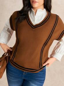 EMERY ROSE Women's Casual Loose Fit Plus Size Knit Sweater Vest, Suitable For Autumn/Winter Outerwear And Back To School - Brown - View 7