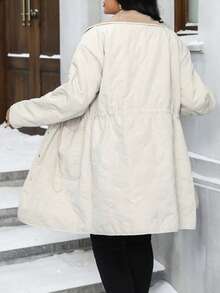 Calvaya Plus Size Quilted Long Sleeve Stand Collar Cinched Waist Padded Coat - Khaki - View 2