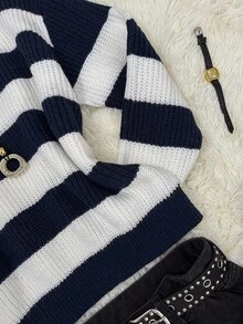 Attitoon 休闲简约学院风海军蓝条纹可爱熊图案修身毛衣女款，适合秋冬季，返校季，复古可爱风格 - 彩色 - 查看 6