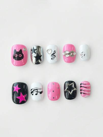 Anime 10pcs Cute Bowknot Music Note Star Element High Quality Handmade False Nails + 3pcs Double-Sided Adhesive, Y2K French Style Rhinestone Chain Polka Dot Removable Nail Art Stickers, Suitable For Holidays, Parties, Dancing And Daily Wear