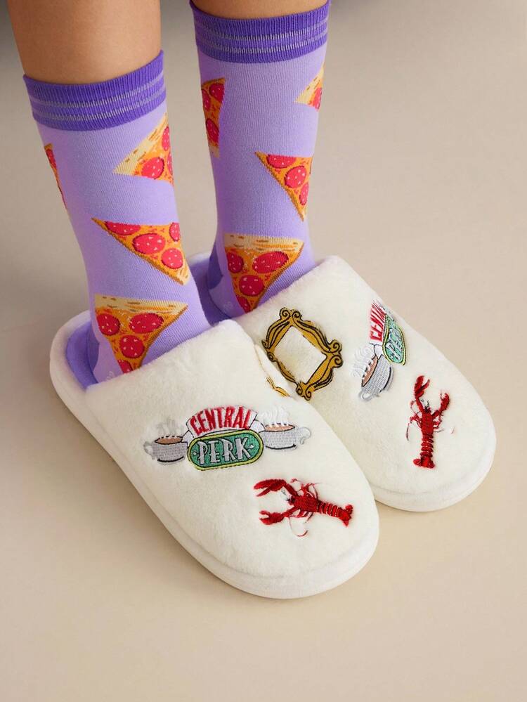 FRIENDS X SHEIN Pantofole da casa da donna per autunno/inverno con ricamo di aragosta e lettera - Bianco - Visualizzare 2