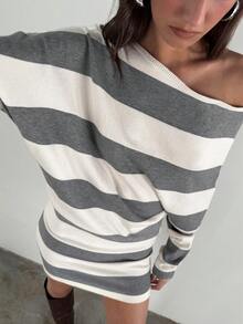 Aloruh Vestido de suéter mini con hombros descubiertos y rayas para mujer en otoño/invierno - Gris - Ver 6
