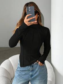 Siren Gaze Women's Exposed Seam Asymmetrical Hem T-Shirt Winter Black Casual Spring - Black - View 6