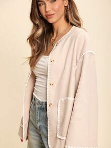 Coeurva Veste décontractée à boutons à devant et poches avec bordure de couleur contrastante pour femmes, manches longues chaude pour l'automne et l'hiver - Multicolore - Voir 7