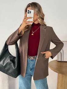 SHEIN LUNE 女士休闲露背口袋西装外套，摩卡棕色和紫色棕色西装外套女士女士西装外套棕色夹克女士秋冬西装外套 - 摩卡棕 - 查看 6