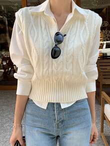 DAZY Women's V-Neck Cable Knit Loose Fit Sweater Vest, Casual Layering Piece For Autumn/Winter - Beige - View 1