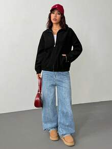 SHEIN EZwear Women's Casual Retro Front Zipper Corduroy Fabric Loose Jacket, Suitable For Autumn/Winter, Old School