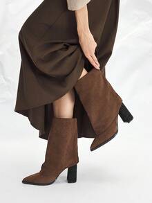 Mnmlis Women's Retro Western Style Khaki Suede Zipper Tall Boots - Brown - View 7