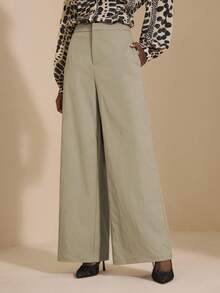 JIAN LASALA Solid Woven High-Waist Wide Leg Long Pants Women Autumn Winter Casual Wear Cheetah Print Outfit Women Khaki Outfits For Women Wide Leg Pants Woman Luxury Stylish Clothing Collection