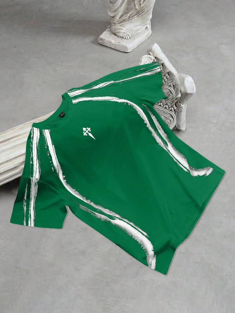 PAVTROS Manfinity Streetrush Men's Round Neck Short Sleeve T-Shirt, Daily Fashion Print Cross Stripe Gradient Contrast Print Pattern, Minimalist Stripe Graphic Print, Casual Chic, All Season Daily Casual Wear, Commute Casual Wear, Boyfriend Gift - Green - View 1