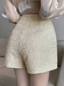 DAZY Solid Color Studded Sequin Design Women's Fashion Shorts - Apricot - View 2