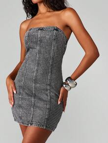 MISSGUIDED Women's Studded Bandeau Denim Mini Dress - Strapless Bodycon Party Club Night Out Rhinestone Embellished - Black - View 6