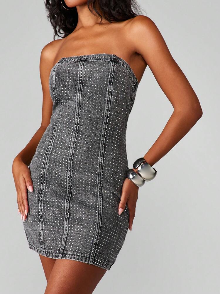 MISSGUIDED Women's Studded Bandeau Denim Mini Dress - Strapless Bodycon Party Club Night Out Rhinestone Embellished
