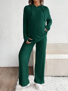 SHEIN 2 件孕妇休闲纯色长袖连帽罗纹上衣和裤子套装，秋季 - 墨綠色 - 查看 4