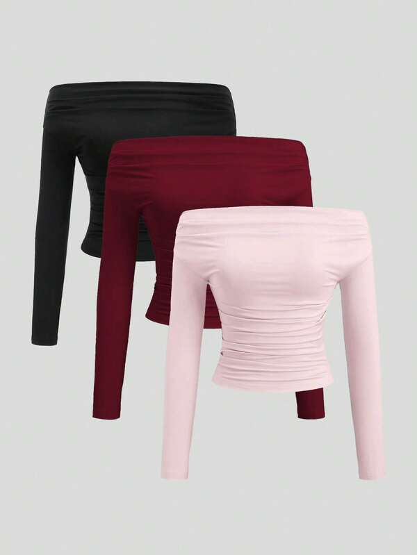 Sweetra Set de 3 piezas Blusa corta de manga larga y hombros descubiertos para mujer, cómoda y amigable con la piel, ajuste ceñido