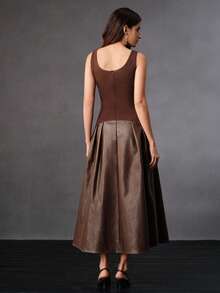 Anewsta Women's Elegant Vintage Elastic Knit Spaghetti Strap Flared Dress, Brown Coffee Color, Suitable For Winter, Christmas, New Year Party - Coffee - View 3