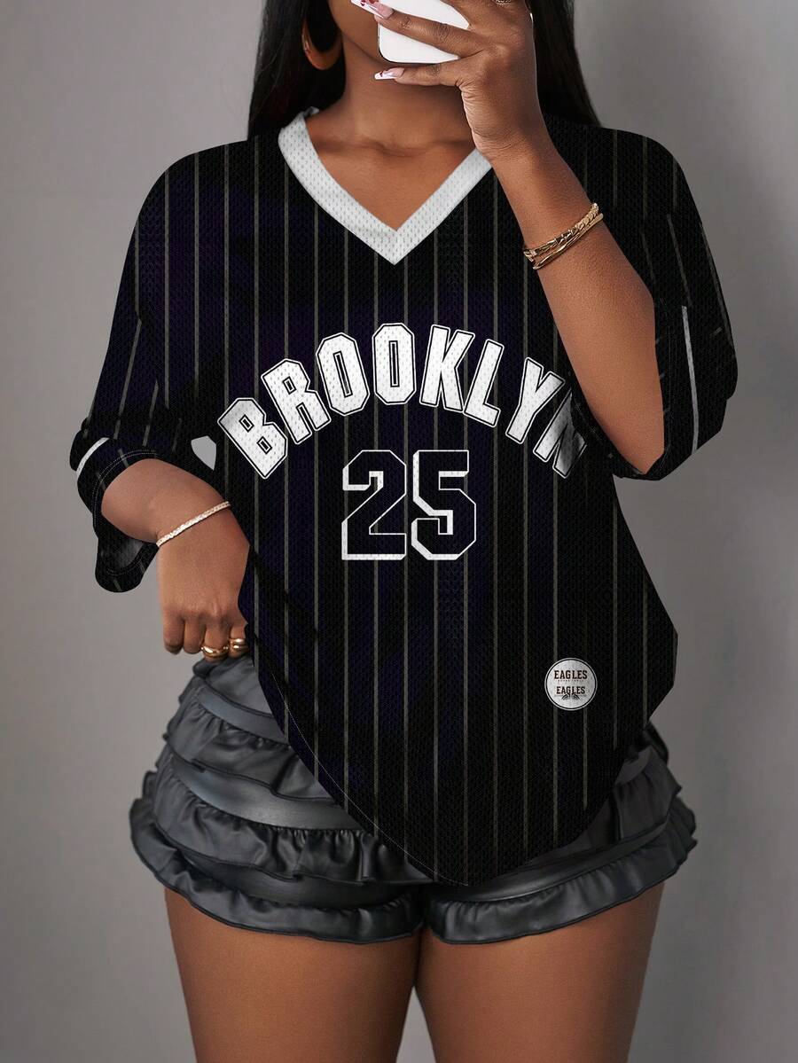 Slaydiva Casual Minimalist Letter & Number Graphic 14 Women T-Shirt, Suitable For Summer - Black - View 1