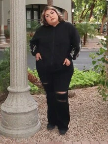 Enliva Melanieangelese Plus Size Black Flared Distressed Stretch Jeans Street Wear, Fall Women Clothes, For Apple Rounded Body Shape - Black - View 3