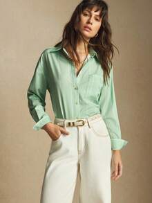 BizChic 2025 秋冬新款绿色条纹印花翻领纽扣前开襟女衬衫，现代优雅时尚商务休闲办公装，百搭百搭浪漫，适合正式场合、派对、海滩、婚礼、音乐节、早餐、机场、国庆节、新年、圣诞节、万圣节 - 綠色 - 查看 6