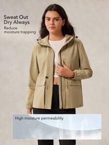 OutZeal Women Outdoor Jacket Hiking Camping Water-Resistant Windproof Drawstring Waist Zip Pocket Hooded Outdoor Top Spring Fall - Khaki - View 4