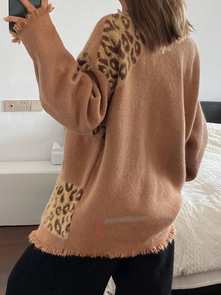Color Block Jacquard Leopard Print Loose V-Neck Fringe Trim Long Sleeve Casual Street Style Knit Cardigan For Women, Autumn/Winter